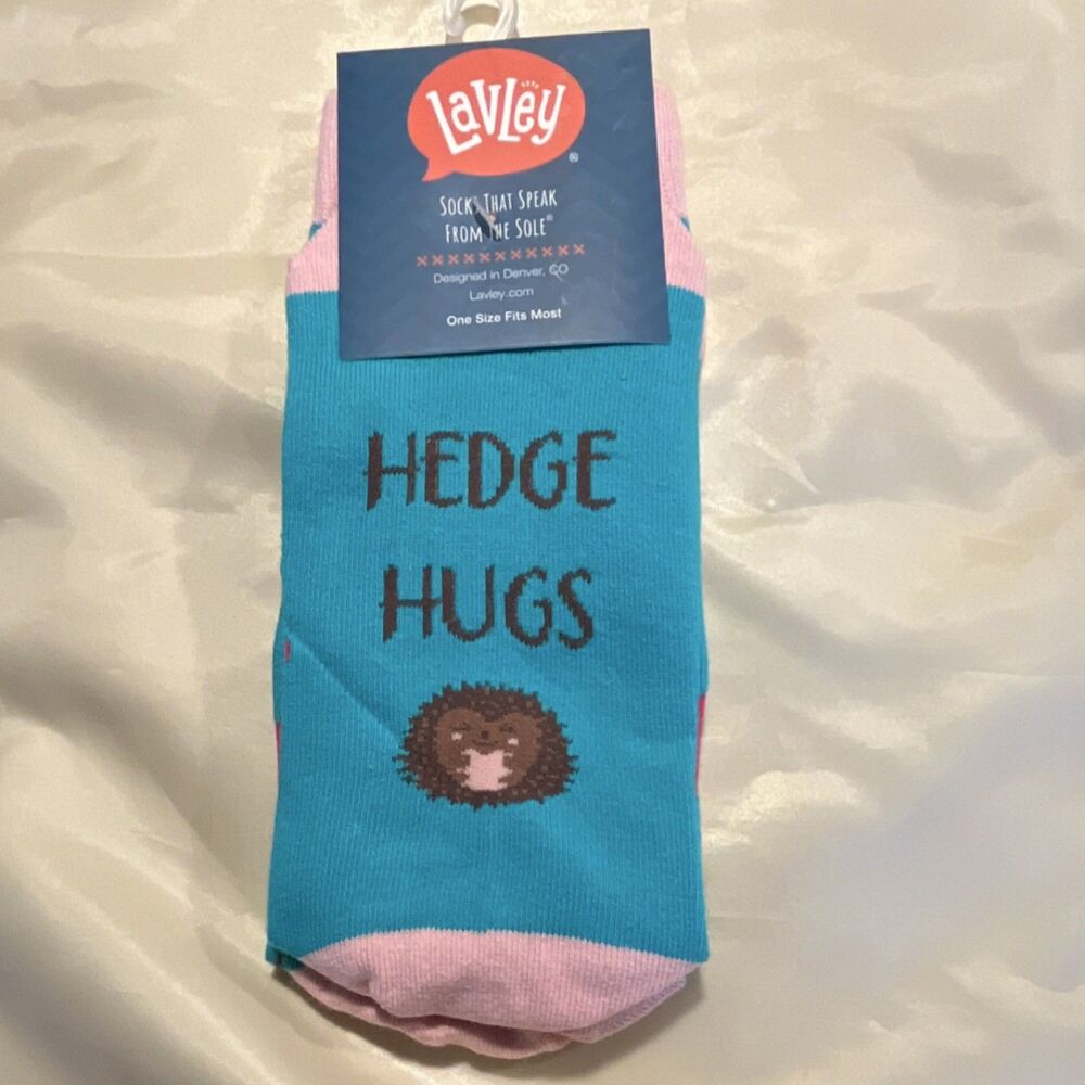 Lavley Crew Socks  Hedgehog “Hedge Hugs” Novelty One Size Free Shipping